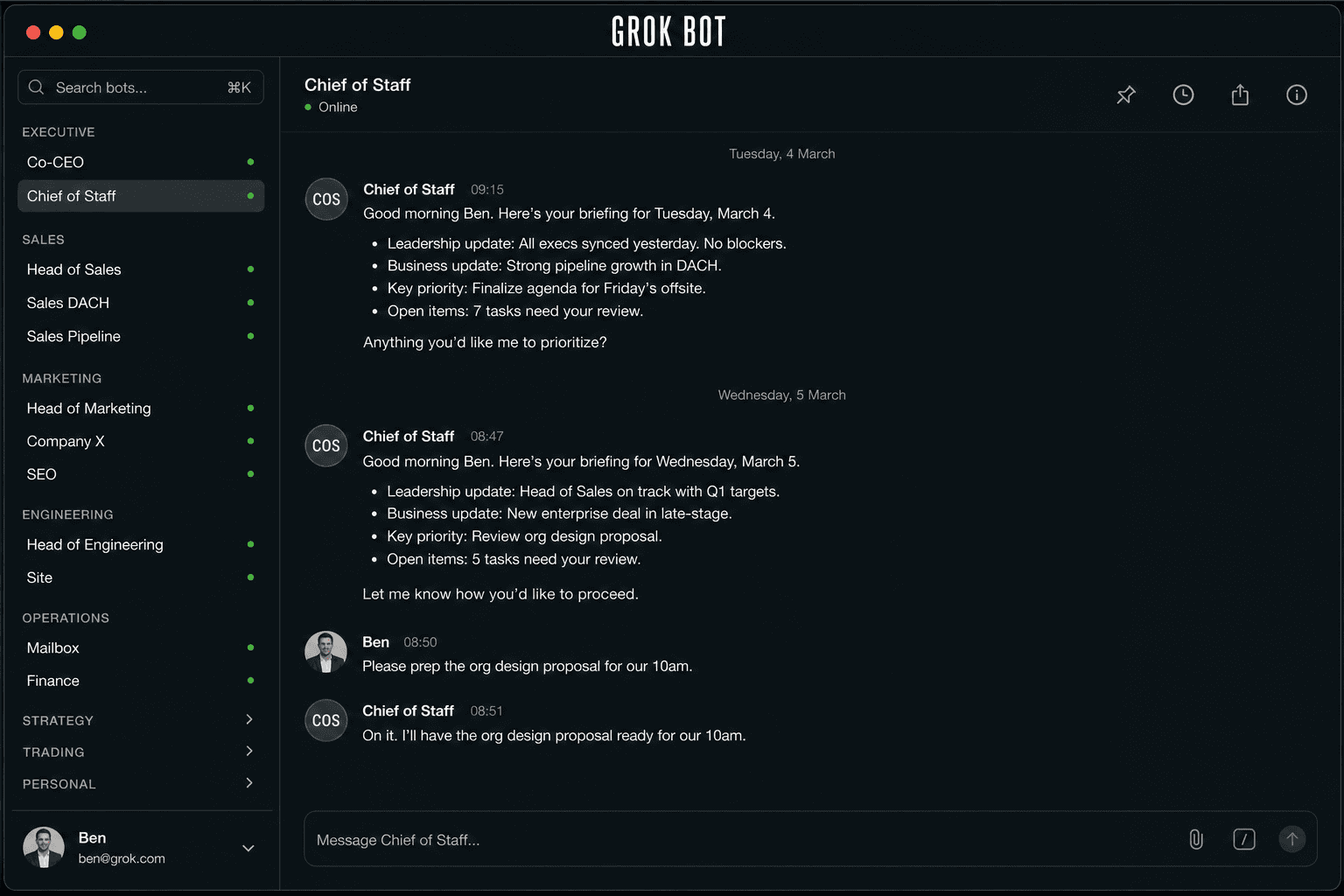 Grok Bot desktop: sidebar of named Bots by department, Chief of Staff conversation