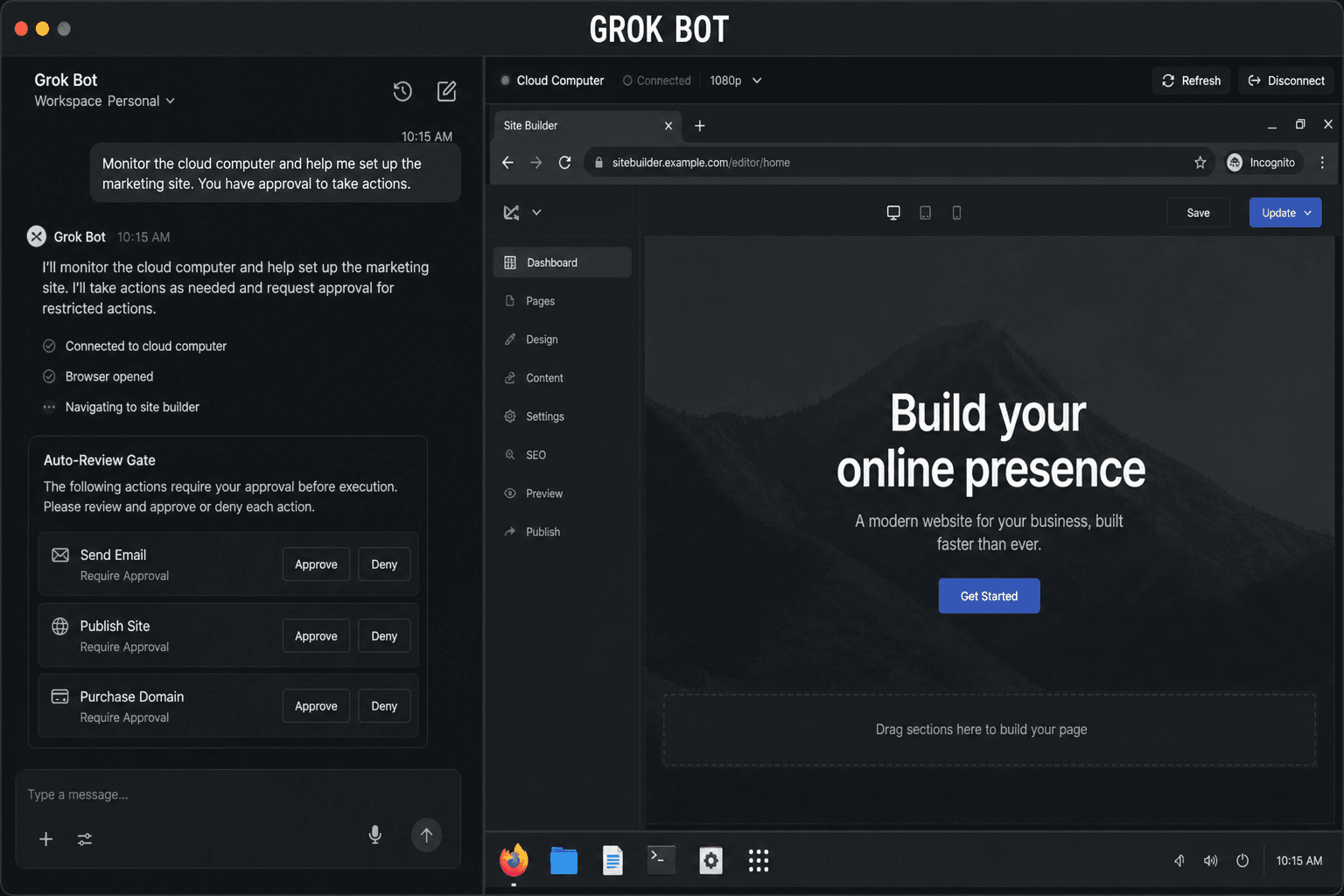 Grok Bot: auto-review on send and publish, beside the shared cloud computer